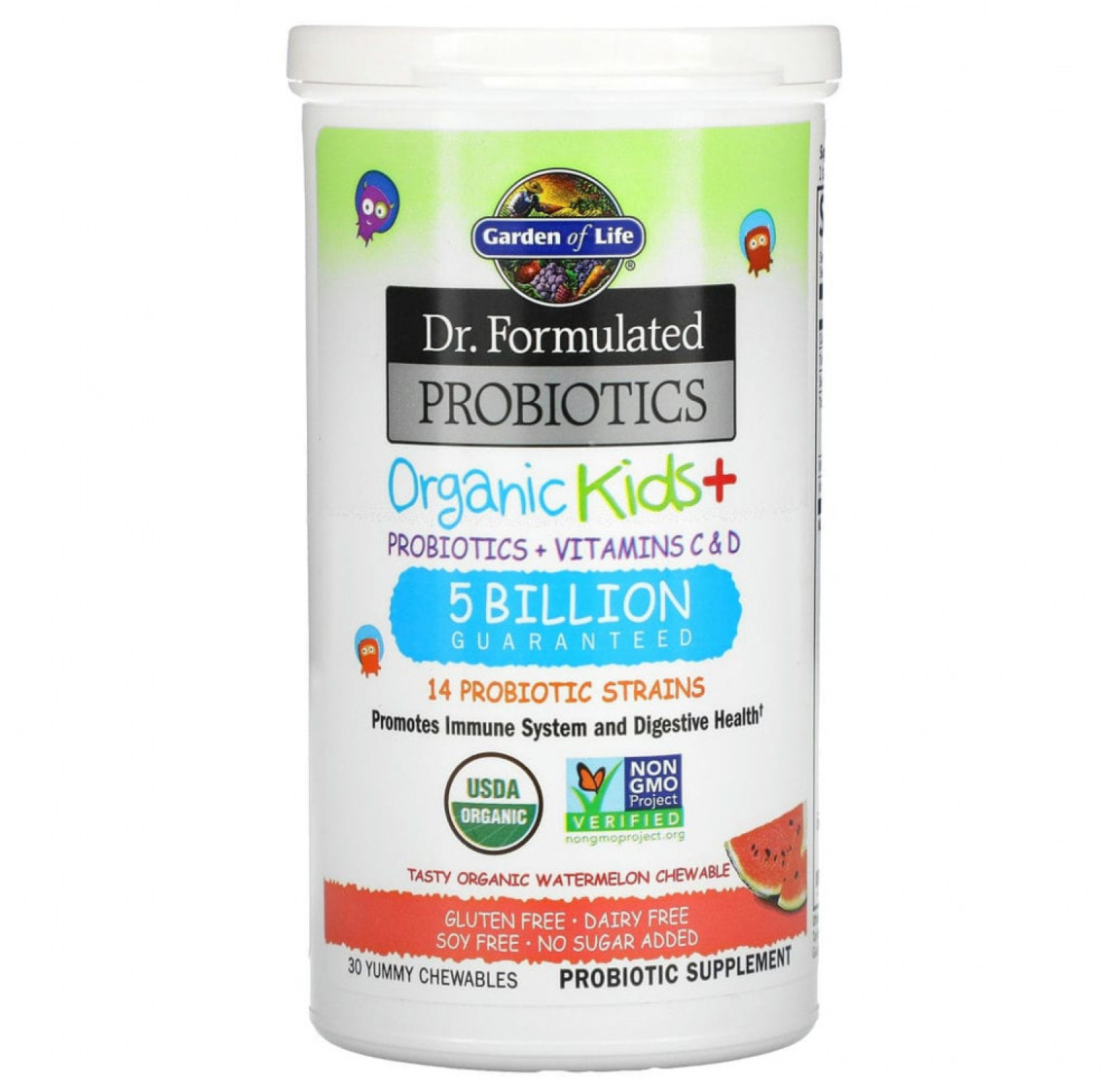 Garden of Life, Dr. Formulated Probiotics, Organic Kids +, вкус арбуза, 30 жевательных таблеток