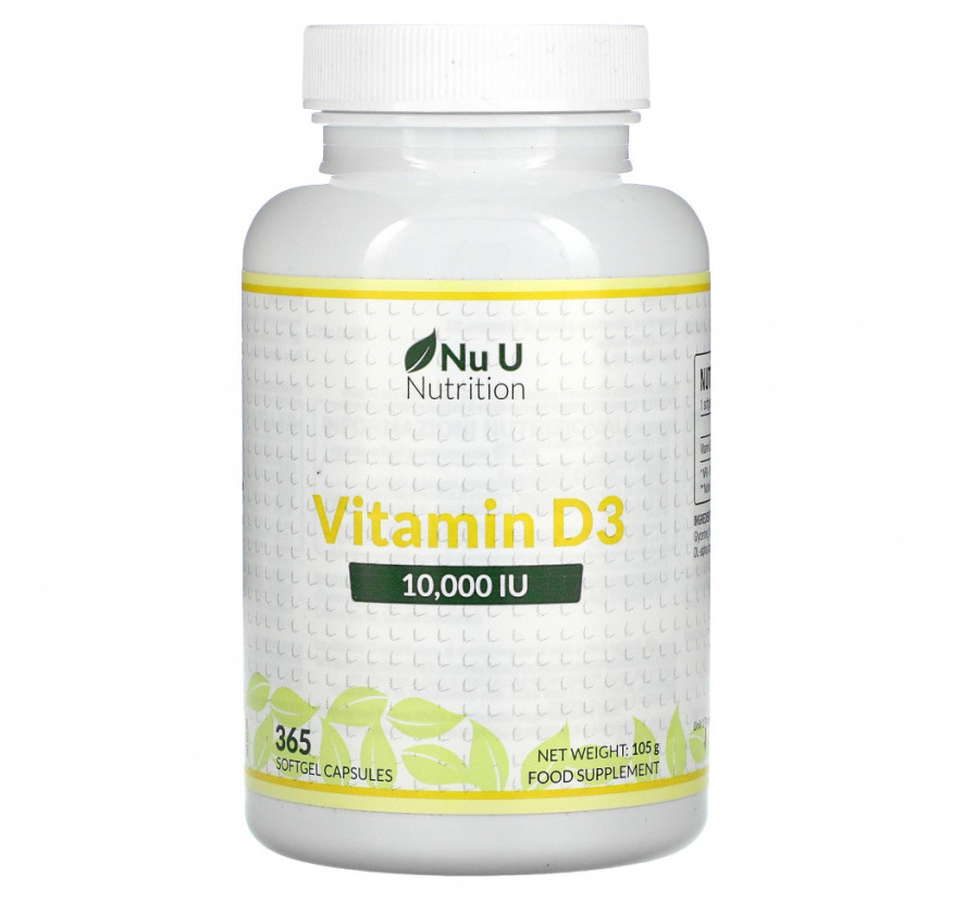 Nu U Nutrition, Витамин D3, 10 000 МЕ, 365 мягких таблеток