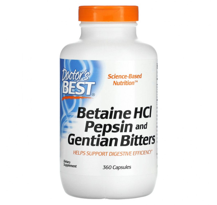 Doctor's Best, горькая настойка из бетаин гидрохлорида, пепсина и горечавки, 360 капсул