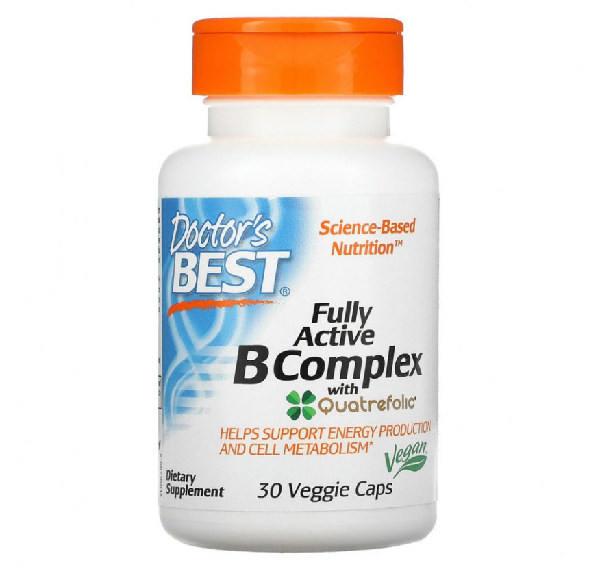 Doctor's Best, комплекс активных витаминов B с Quatrefolic, 30 вегетарианских капсул