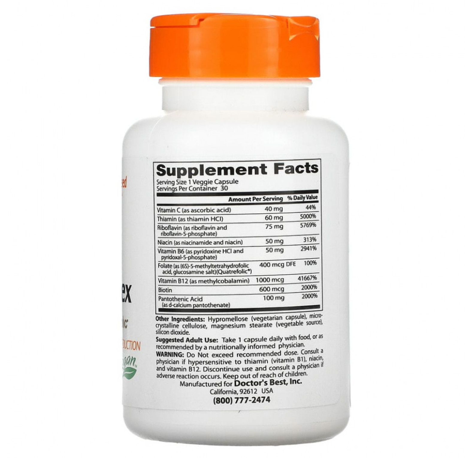 Doctor's Best, комплекс активных витаминов B с Quatrefolic, 30 вегетарианских капсул