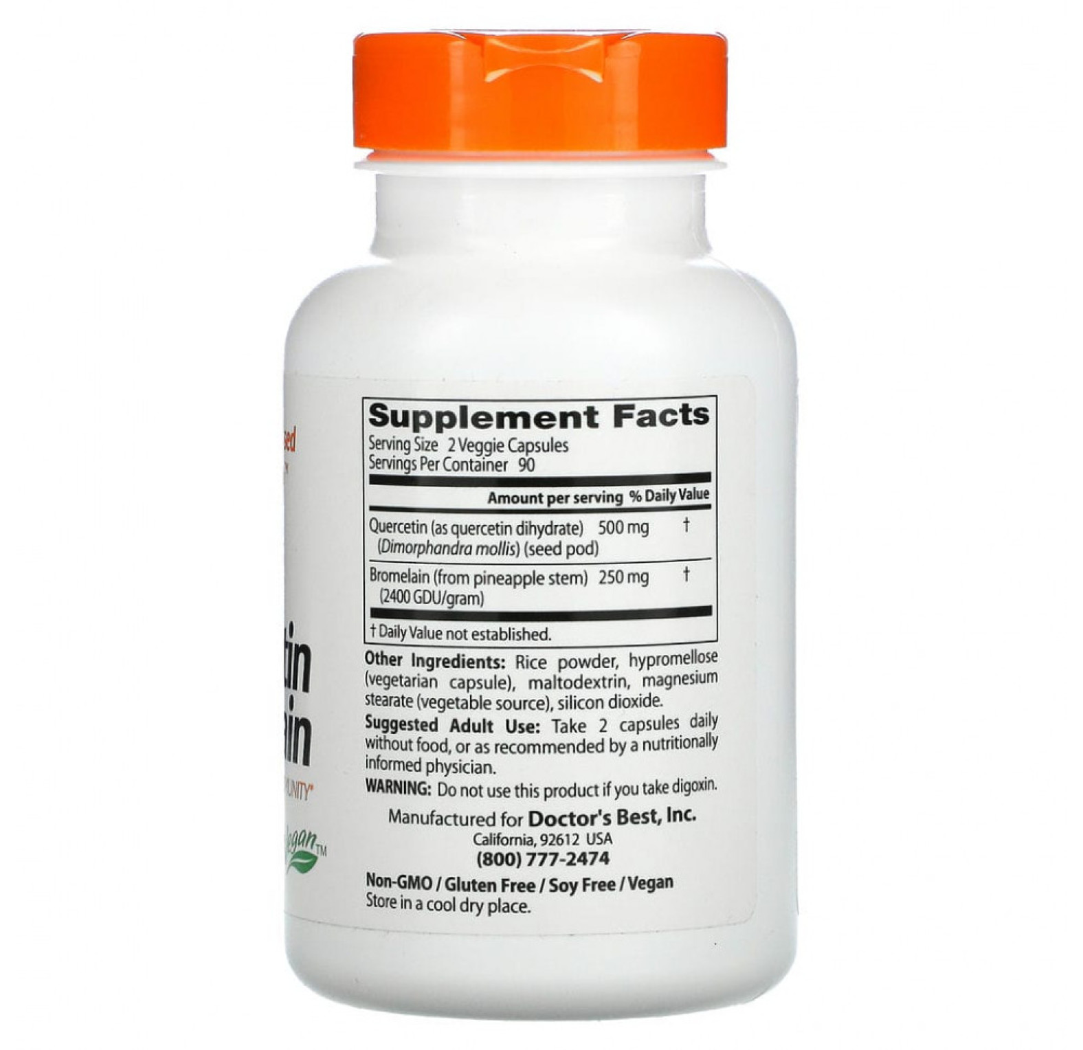 Doctor's Best, кверцетин с бромелаином, 180 веганских капсул