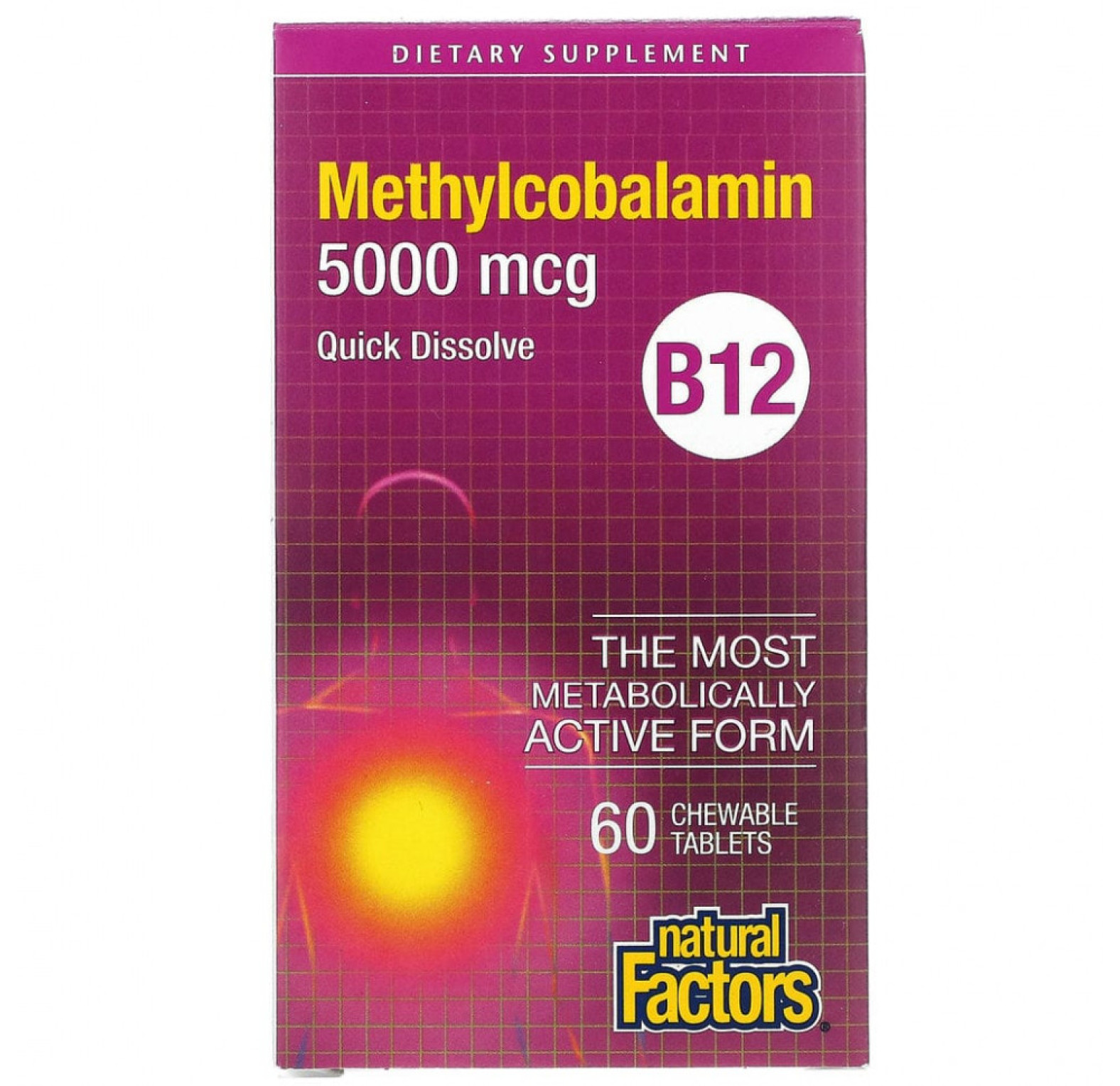 Natural Factors, витамин B12, метилкобаламин, 5000 мкг, 60 жевательных таблеток
