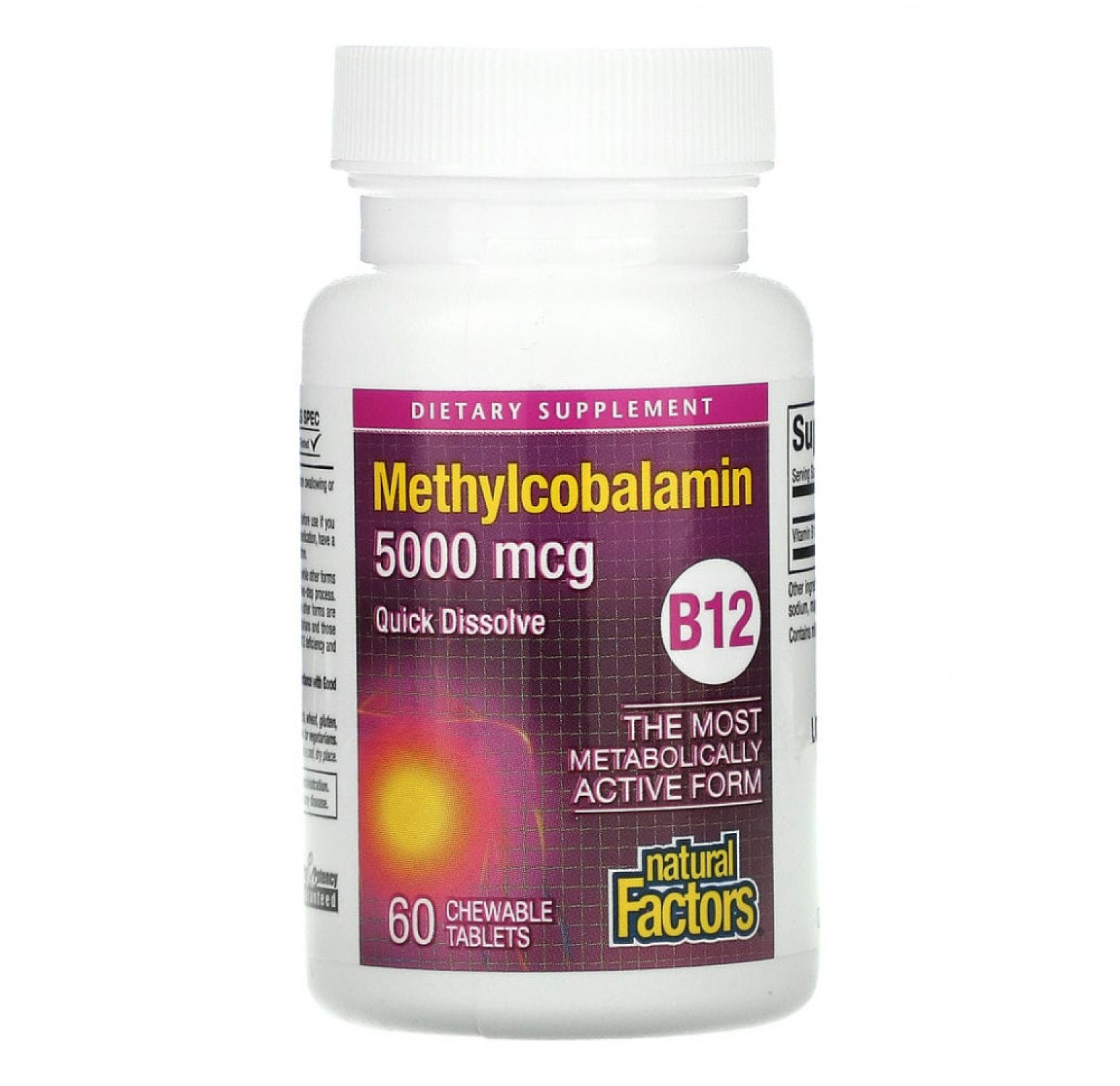Natural Factors, витамин B12, метилкобаламин, 5000 мкг, 60 жевательных таблеток