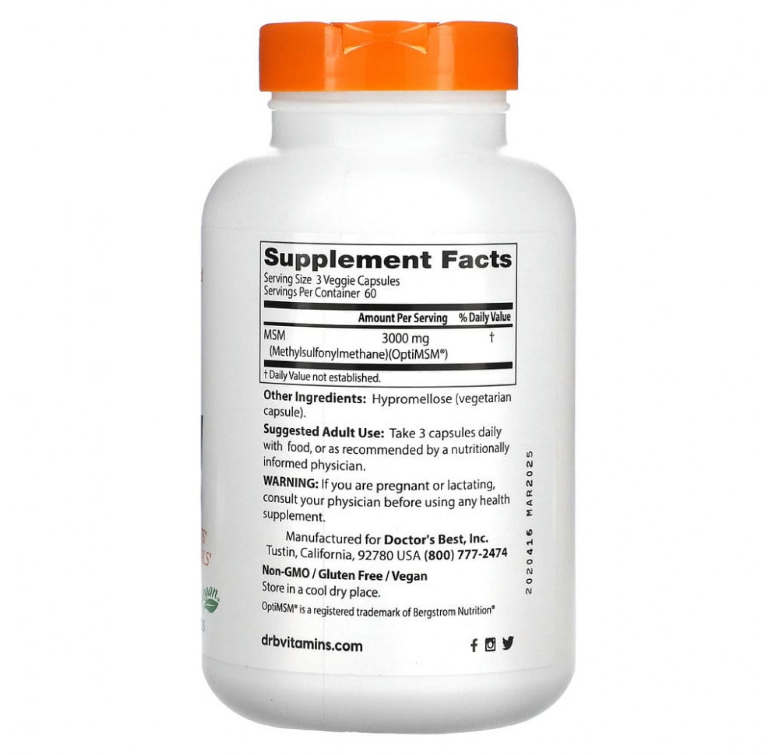 Doctor's Best, МСМ с OptiMSM, 1000 мг, 180 растительных капсул