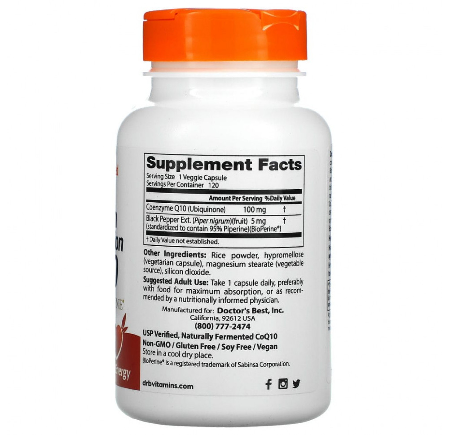 Doctor's Best, коэнзим Q10 с высокой степенью всасывания, с BioPerine, 100 мг, 120 вегетарианских капсул