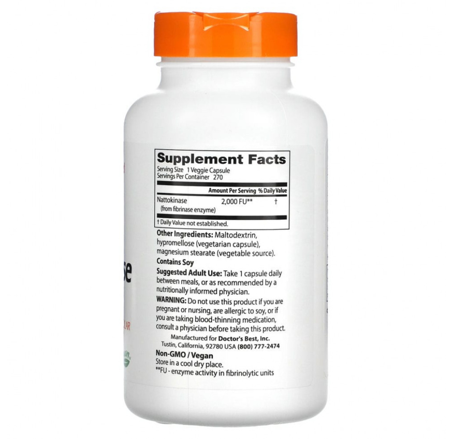 Doctor's Best, наттокиназа, 2000 FU, 270 вегетарианских капсул