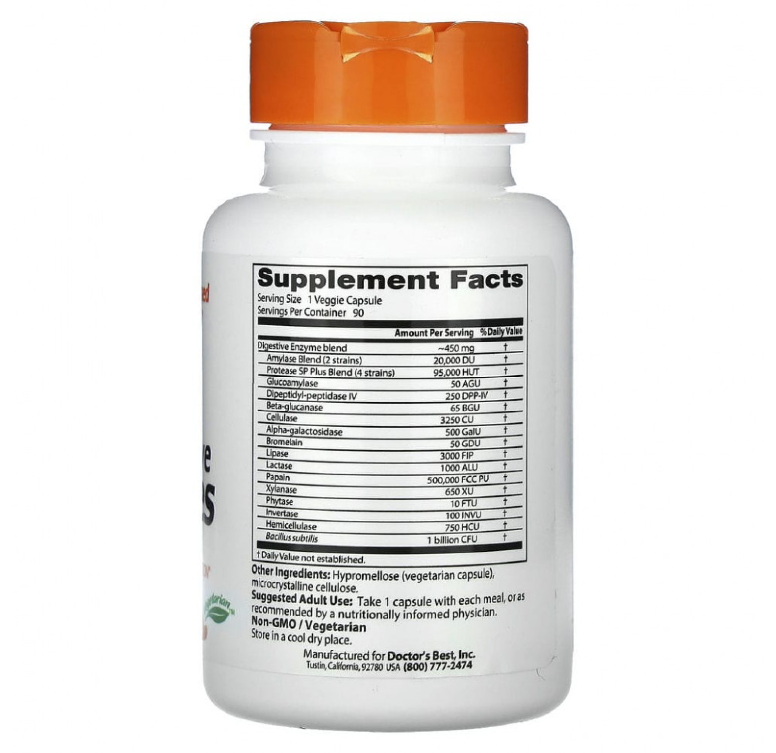 Doctor's Best, пищеварительные ферменты, 90 вегетарианских капсул