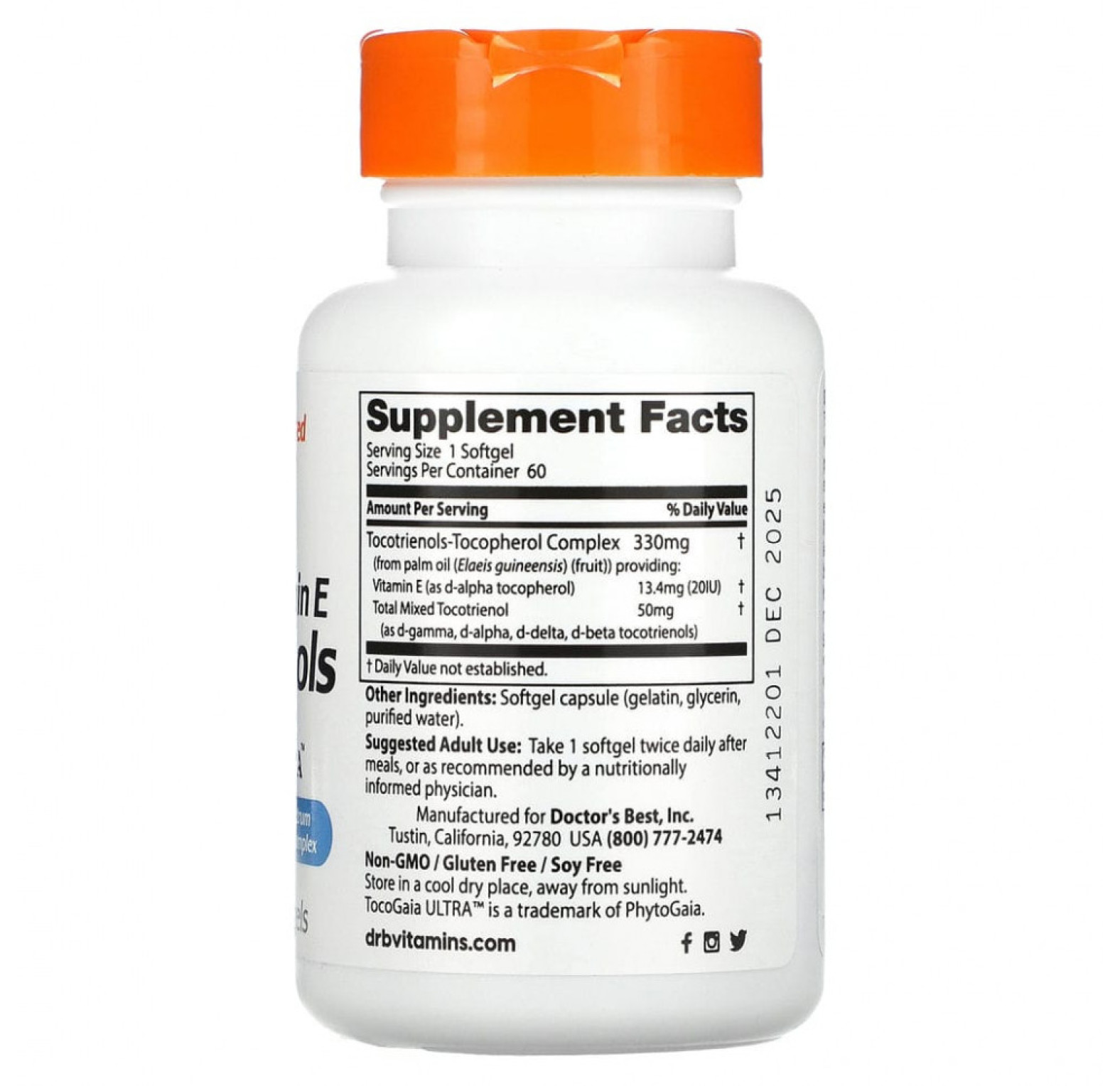 Doctor's Best, Токотриенолы с EVNol SupraBio, 50 мг, 60 капсул