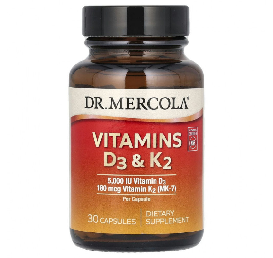 Dr. Mercola, витамины D3 и K2, 30 капсул