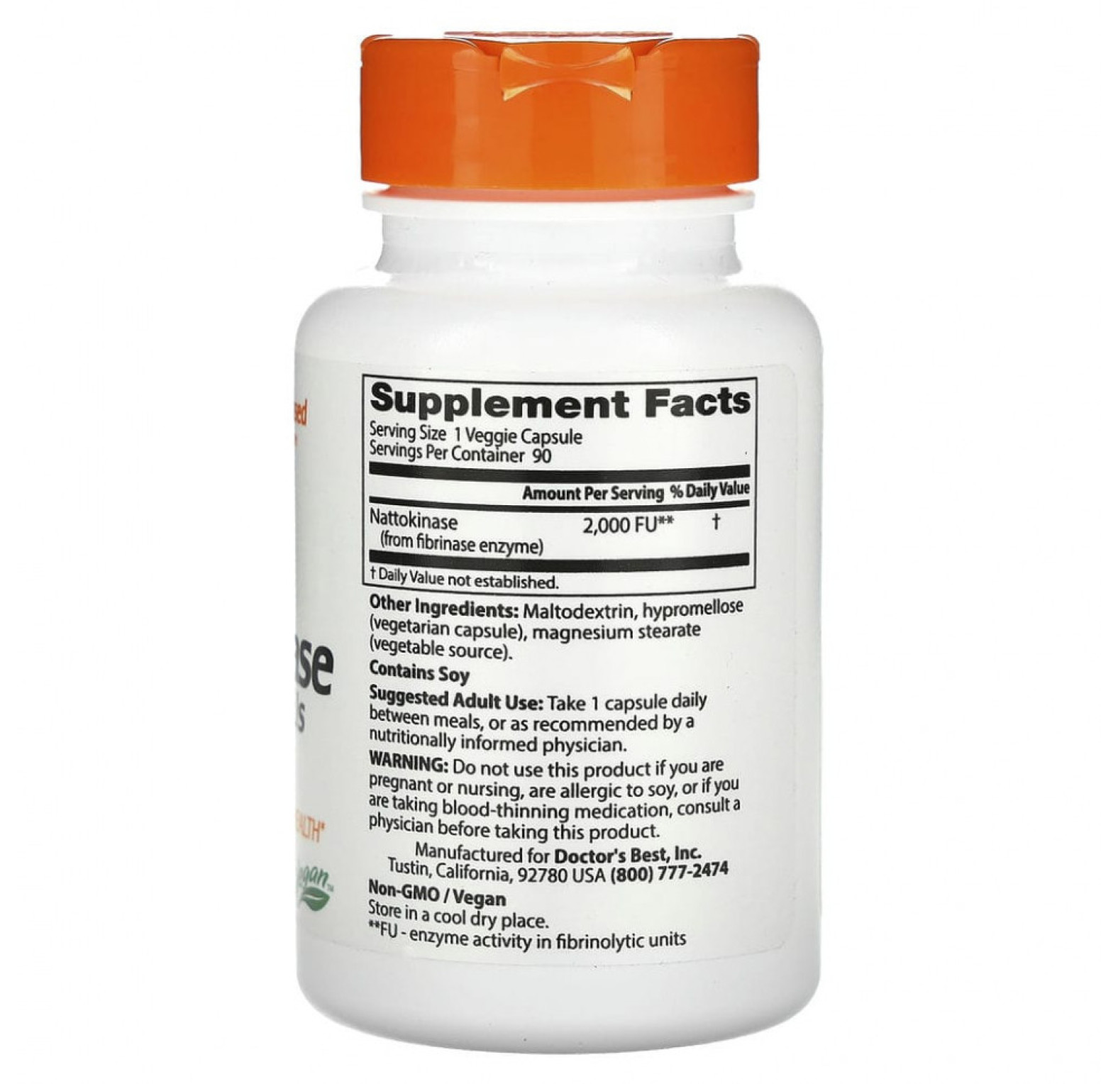 Doctor's Best, наттокиназа, 2000 FU, 90 вегетарианских капсул