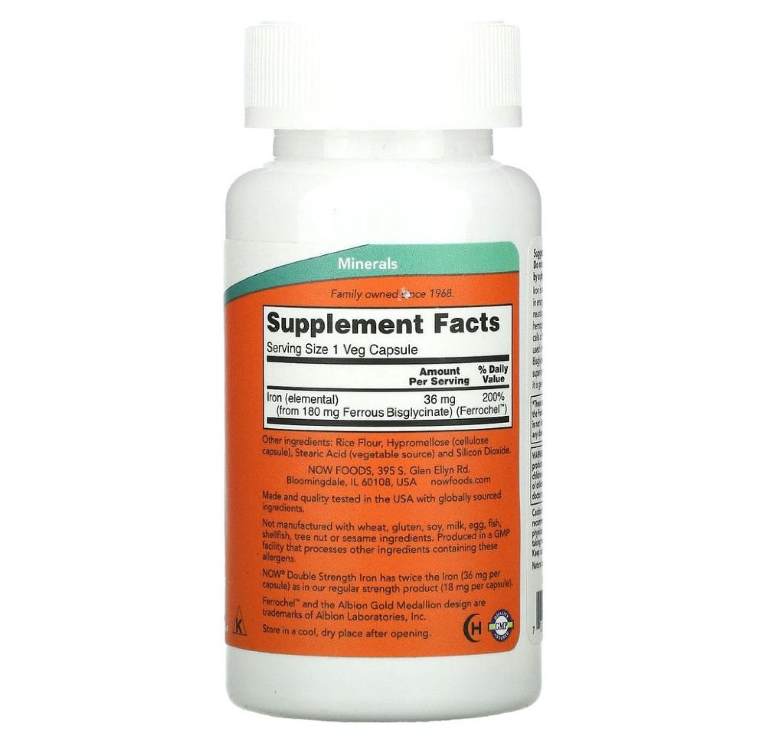 NOW Foods, железо, двойной концентрации, 36 мг, 90 вегетарианских капсул