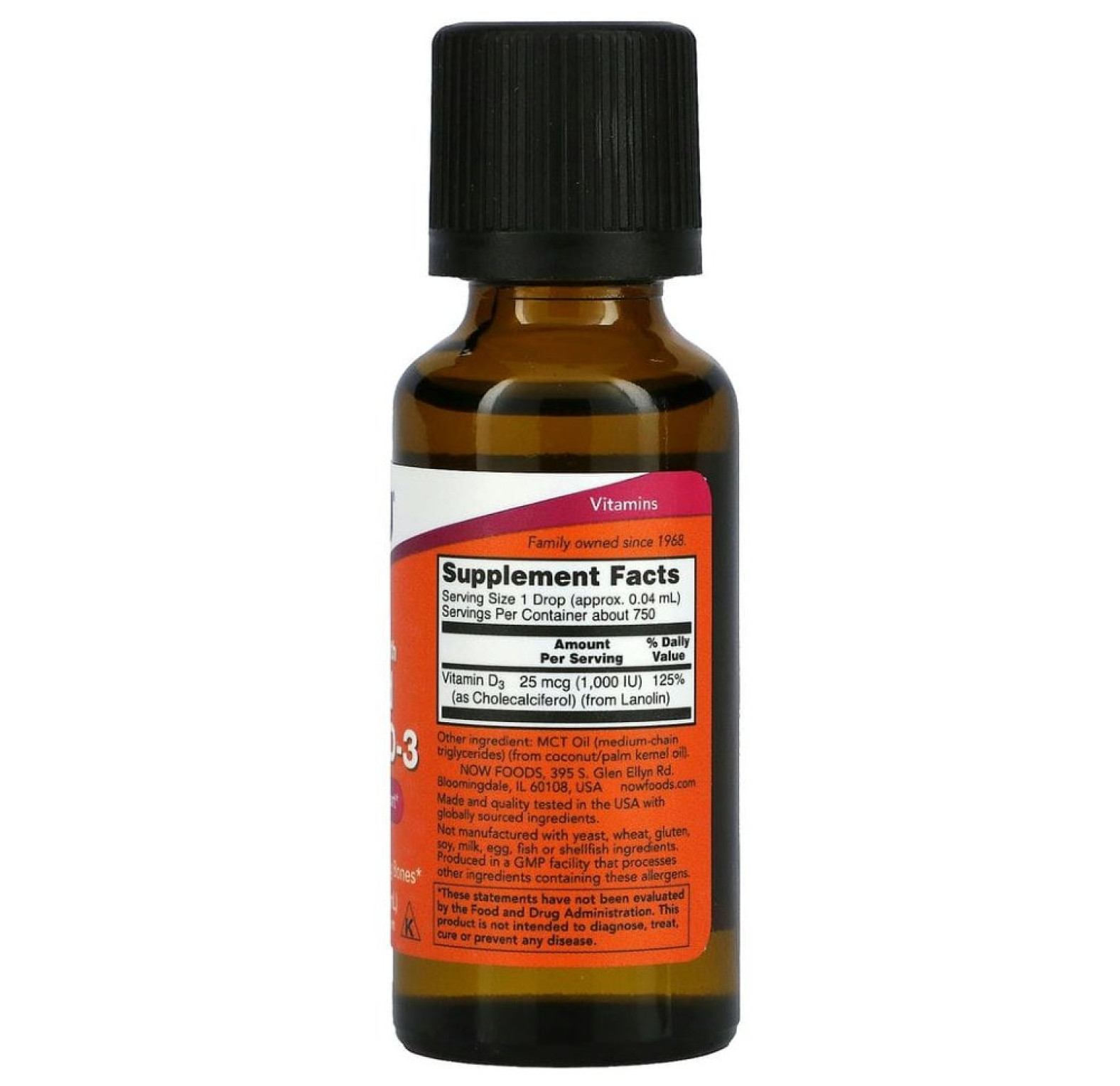 NOW Foods, жидкий витамин D-3 с повышенной силой действия, 1000 МЕ, 30 мл