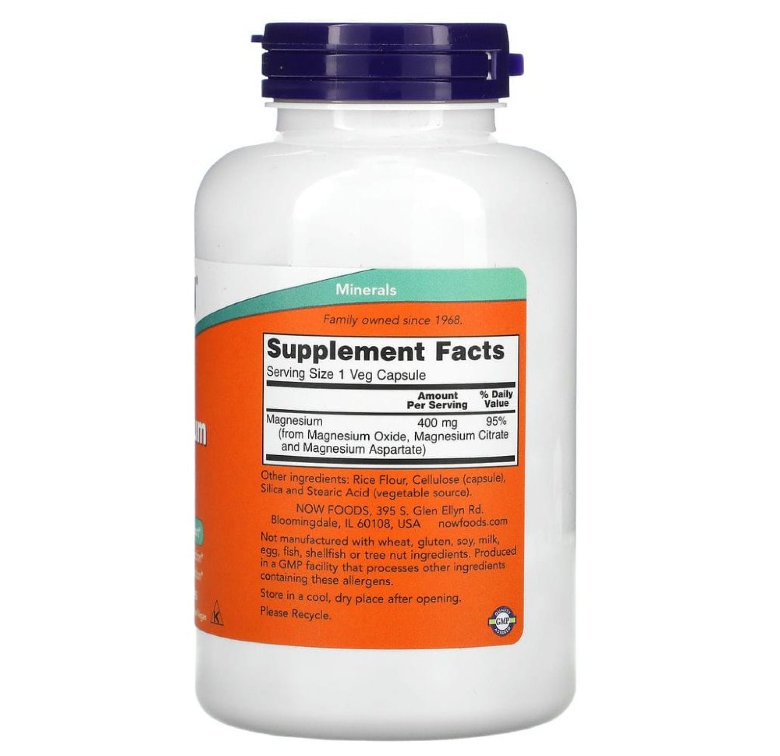 NOW Foods, магний в капсулах, 400 мг, 180 растительных капсул