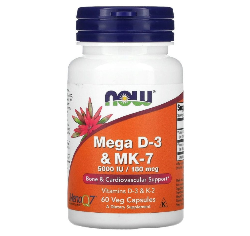 NOW Foods, мега D3 и MK-7, 180 мкг (5000 МЕ), 60 растительных капсул