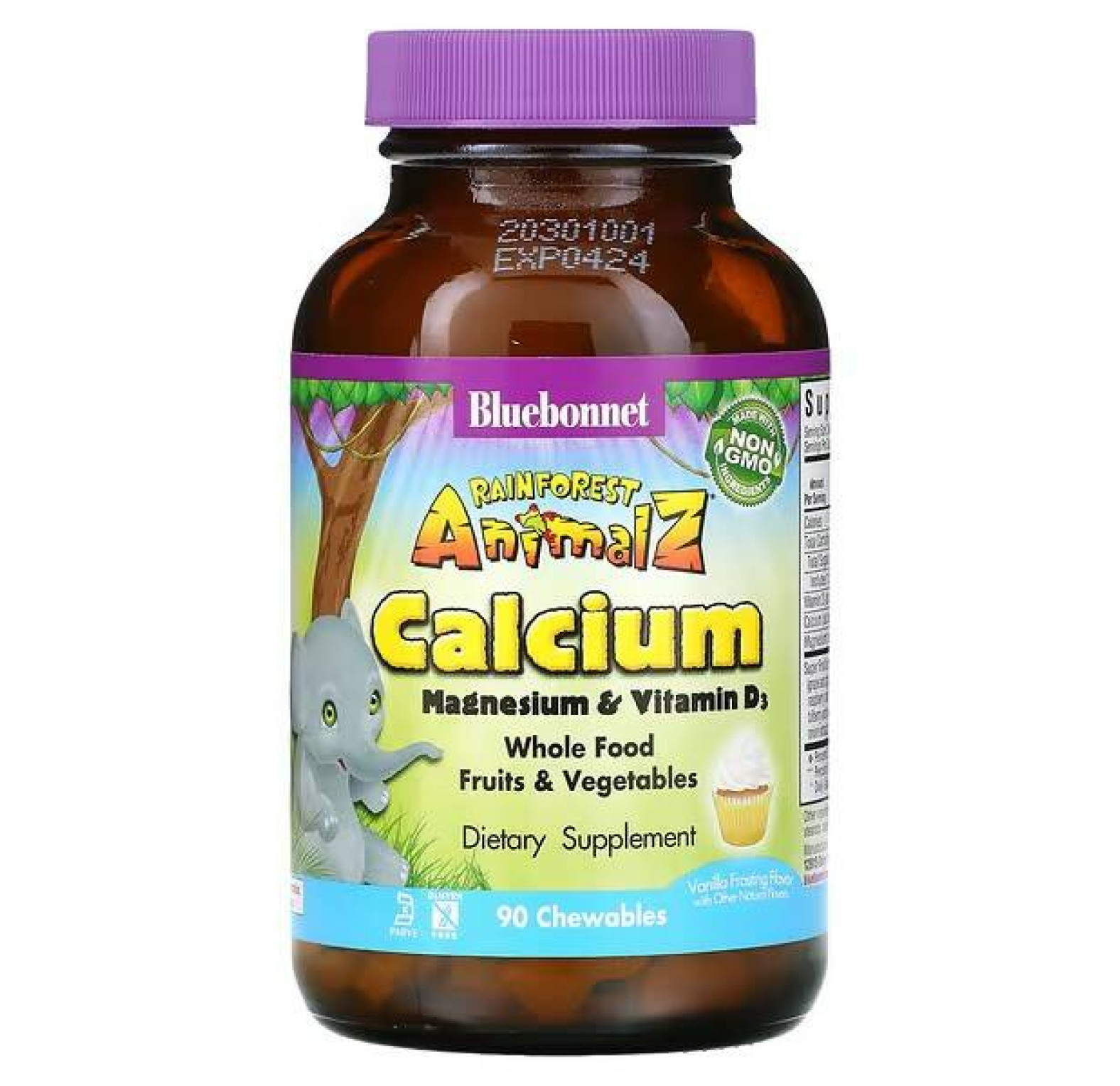 Bluebonnet Nutrition, Rainforest Animalz, кальций, магний и витамин D3, вкус ванильной глазури, 90 жевательных таблеток