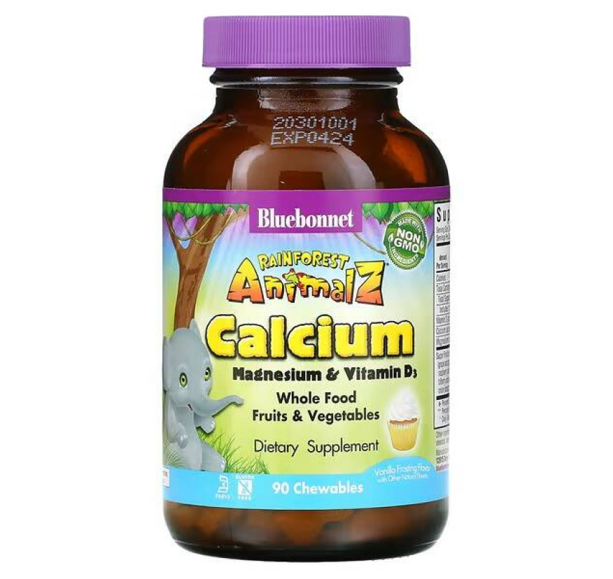 Bluebonnet Nutrition, Rainforest Animalz, кальций, магний и витамин D3, вкус ванильной глазури, 90 жевательных таблеток
