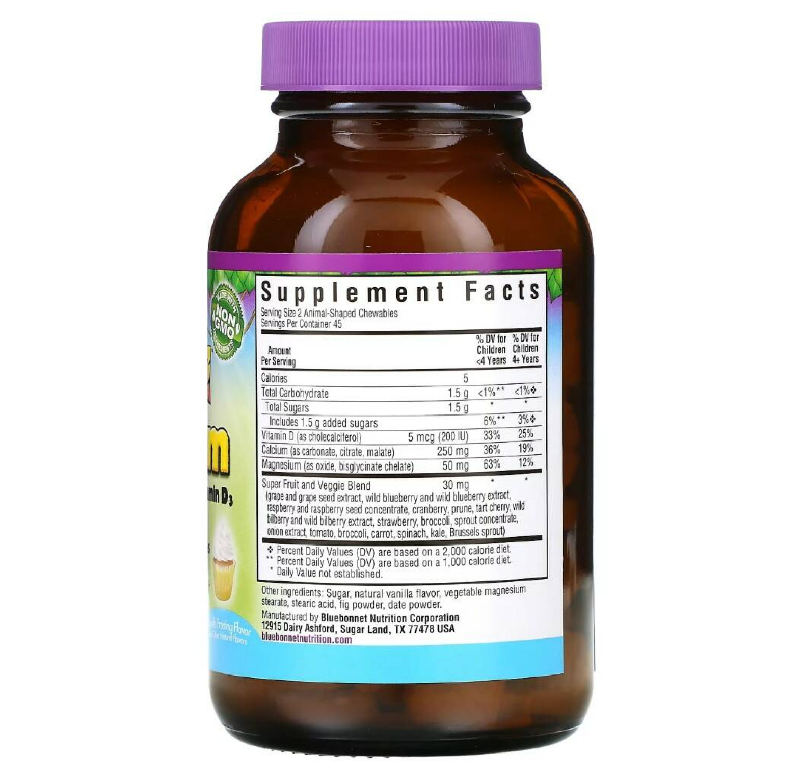 Bluebonnet Nutrition, Rainforest Animalz, кальций, магний и витамин D3, вкус ванильной глазури, 90 жевательных таблеток