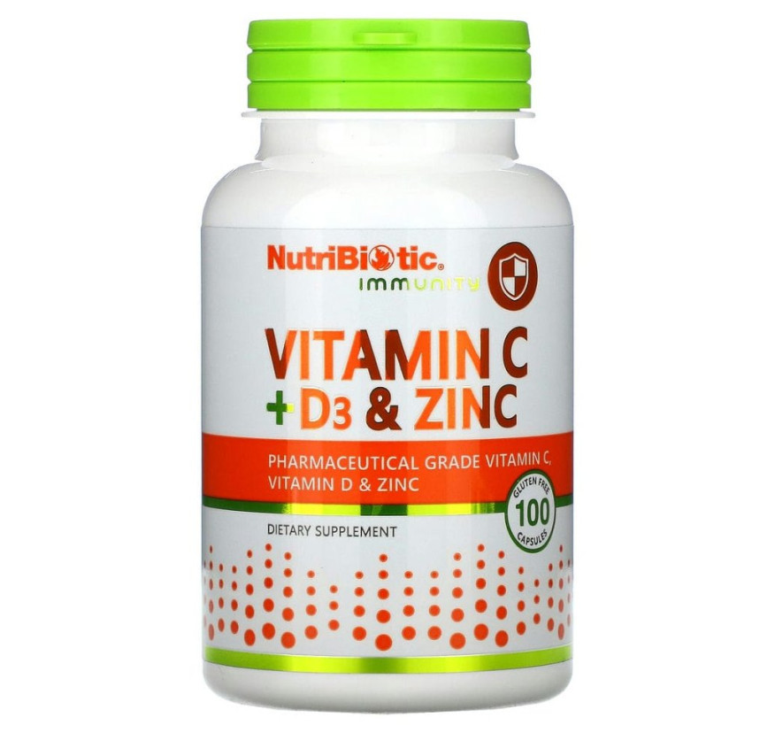 NutriBiotic, Immunity, витамины C + D3 и цинк, 100 капсул