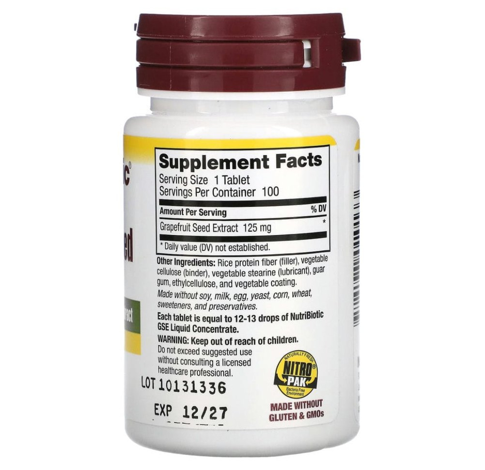 NutriBiotic, экстракт семян грейпфрута, 125 мг, 100 таблеток