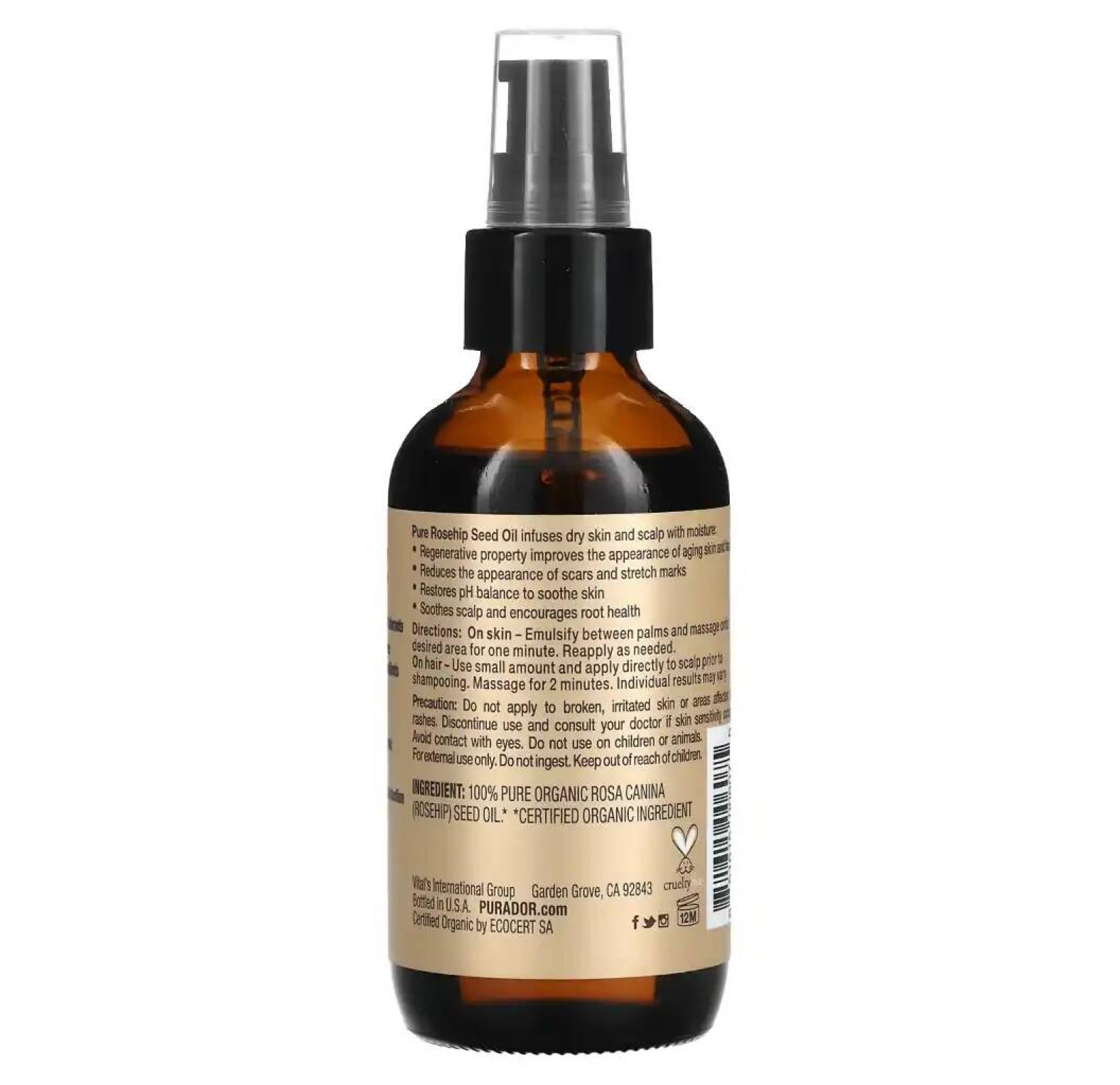 Pura D'or, профессиональное органическое масло из семян шиповника, 118 мл (4 жидк. унции)