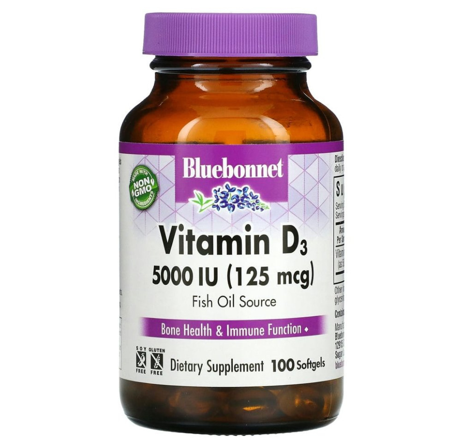 Bluebonnet Nutrition, витамин D3, 125 мкг (5000 МЕ), 100 мягких таблеток