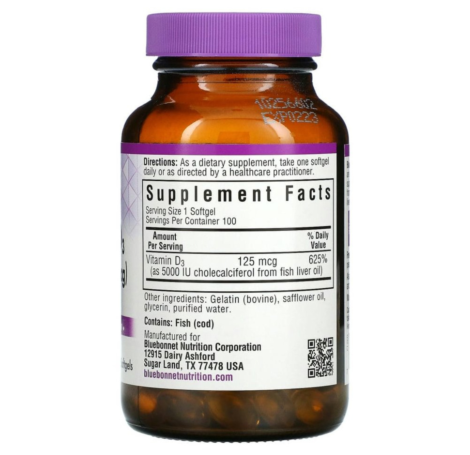 Bluebonnet Nutrition, витамин D3, 125 мкг (5000 МЕ), 100 мягких таблеток