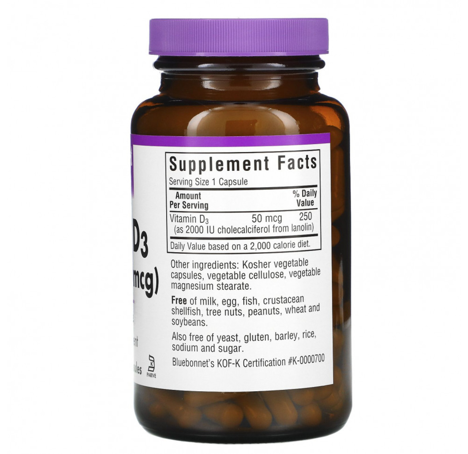 Bluebonnet Nutrition, витамин D3, 50 мкг (2000 МЕ), 180 растительных капсул