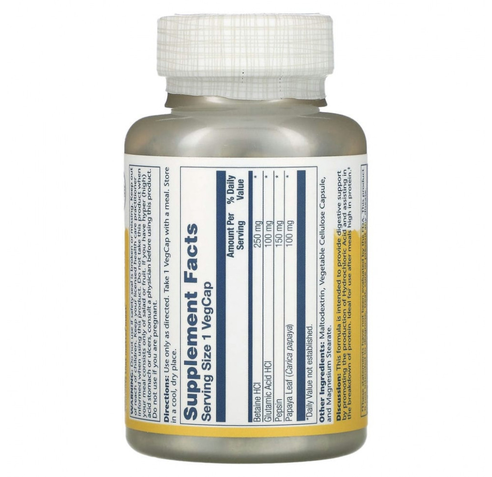 Solaray, гидрохлорид с пепсином, 230 мг, 180 растительных капсул