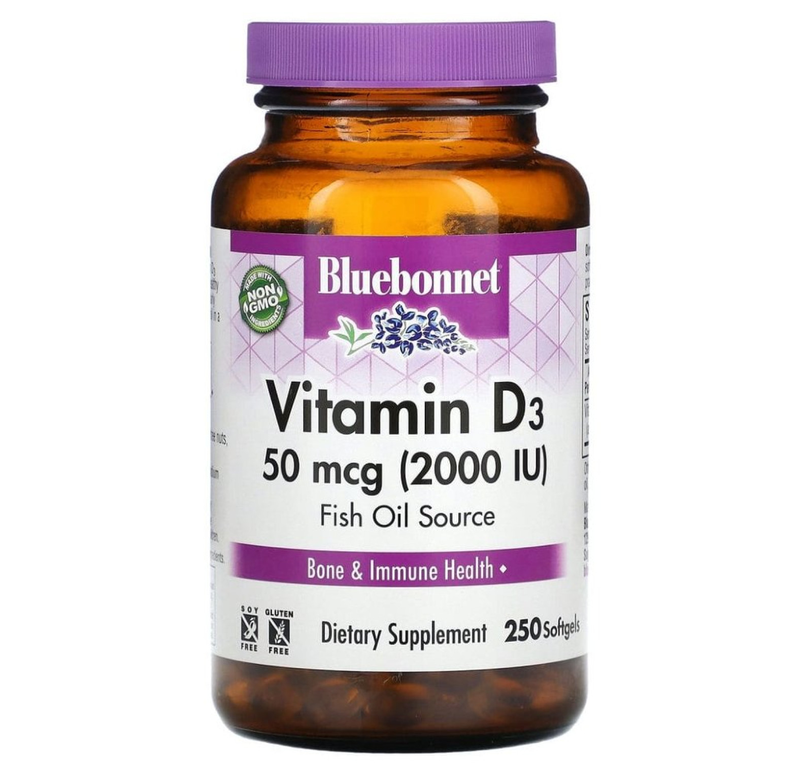 Bluebonnet Nutrition, витамин D3, 50 мкг (2000 МЕ), 250 капсул