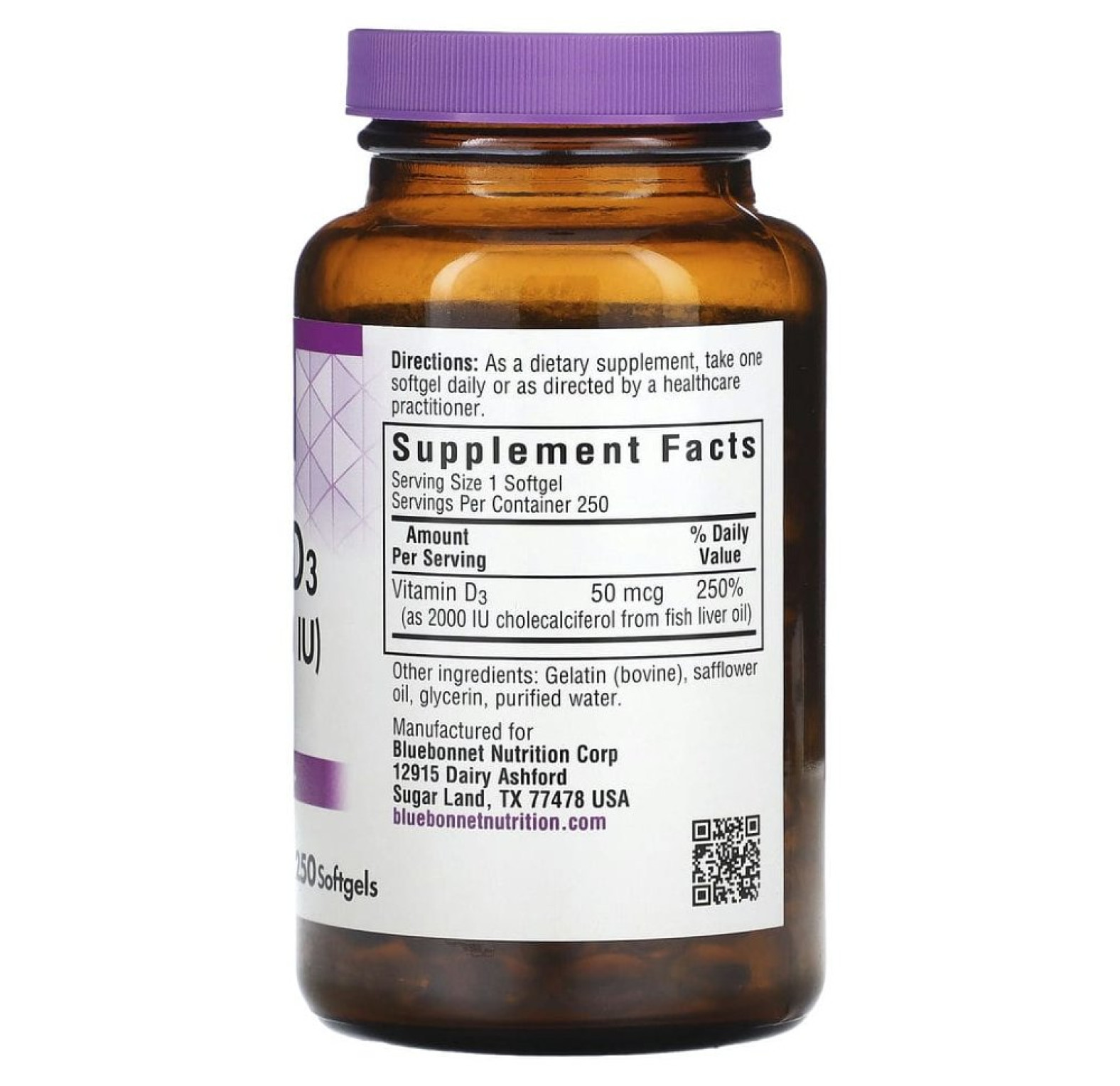 Bluebonnet Nutrition, витамин D3, 50 мкг (2000 МЕ), 250 капсул