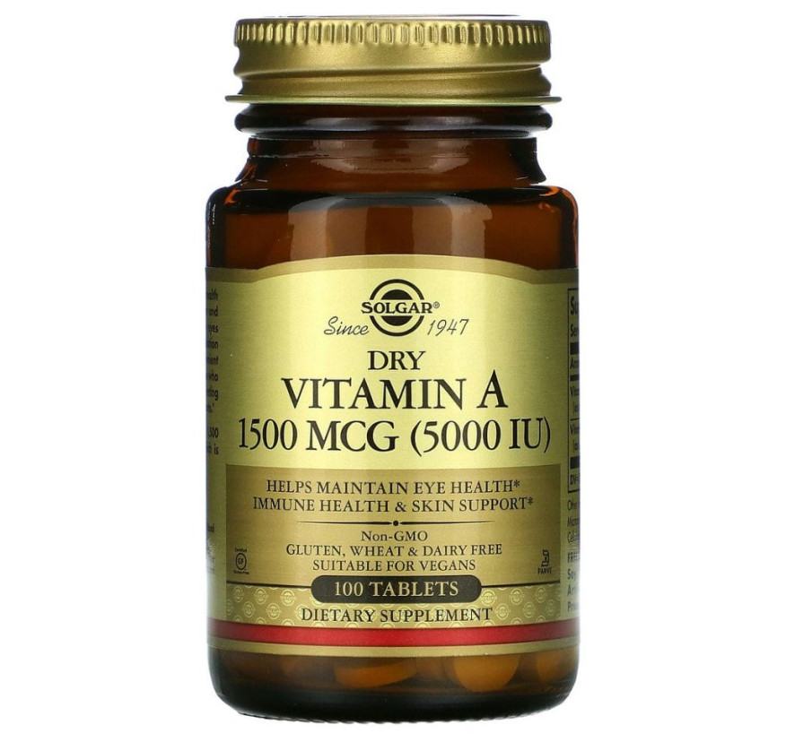 Solgar, витамин A в таблетках, 1500 мкг (5000 МЕ), 100 таблеток