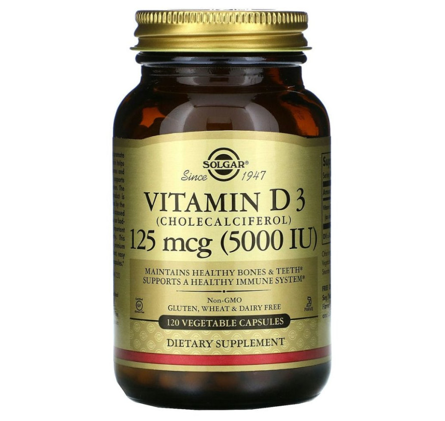 Solgar, витамин D3 (холекальциферол), 125 мкг (5000 МЕ), 120 вегетарианских капсул