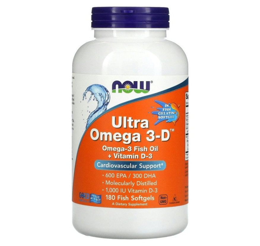 NOW Foods, ультраомега-3 с витамином D, 600 ЭПК / 300 ДГК, 180 капсул из рыбьего желатина