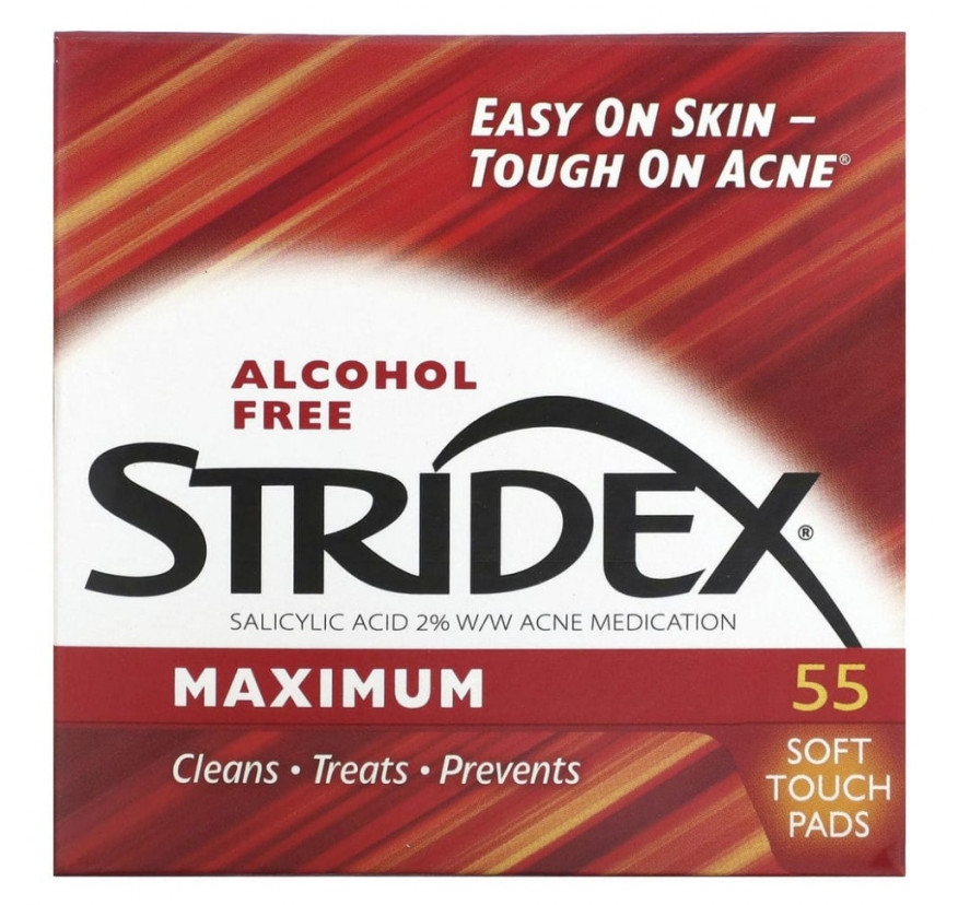 Stridex, Одношаговое средство от угрей, максимальная сила, без спирта, 55 мягких салфеток