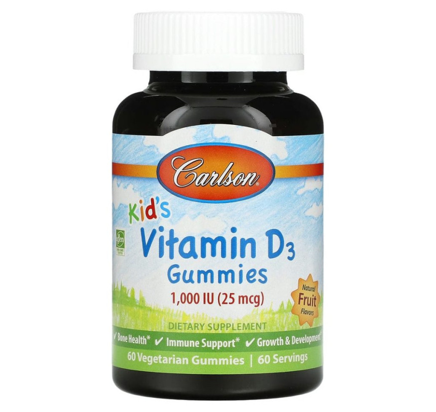 Carlson, витамин D3, натуральные фруктовые ароматизаторы, 25 мкг (1000 МЕ), 60 жевательных таблеток