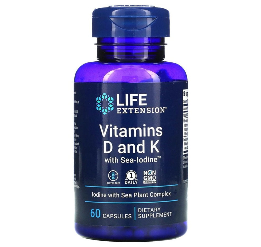 Life Extension, витамины D и К с йодом Sea-Iodine, 60 капсул