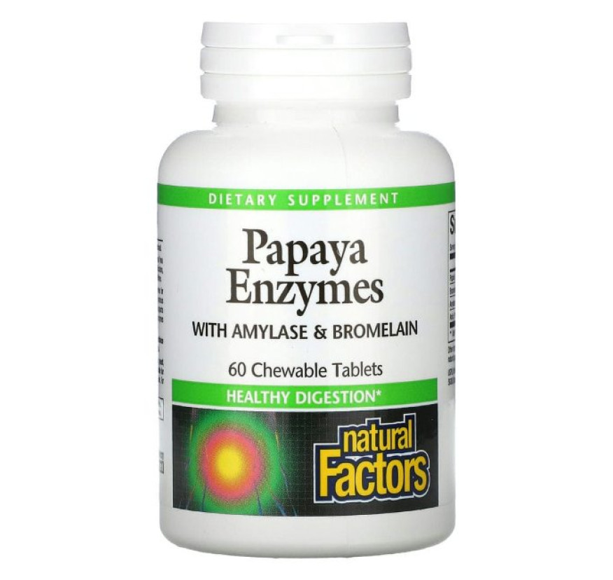 Natural Factors, ферменты папайи с амилазой и бромелаином, 60 жевательных таблеток
