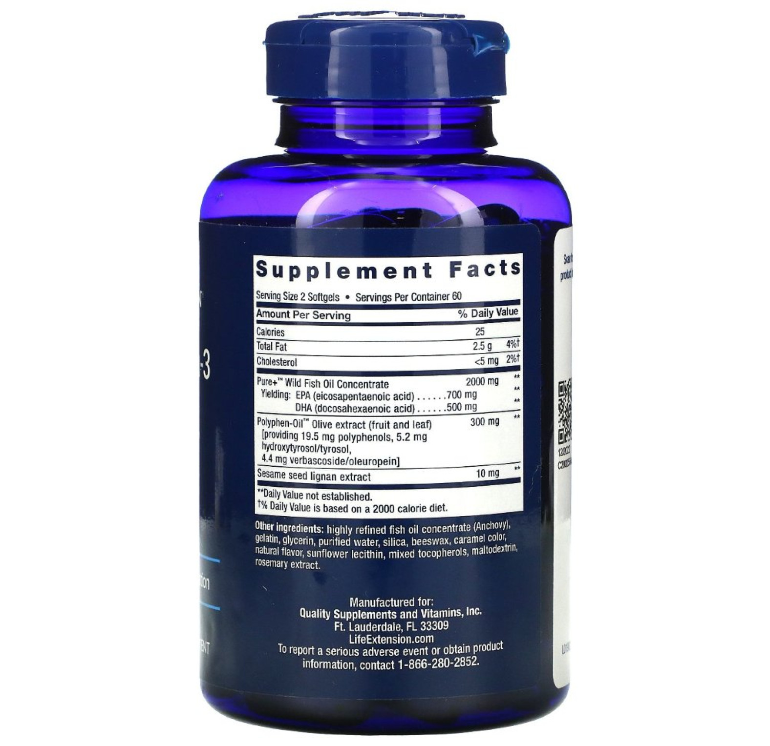 Life Extension, супер омега-3 из рыбьего жира с ЭПК и ДГК, с лигнанами кунжута и экстрактом оливы, 120 капсул