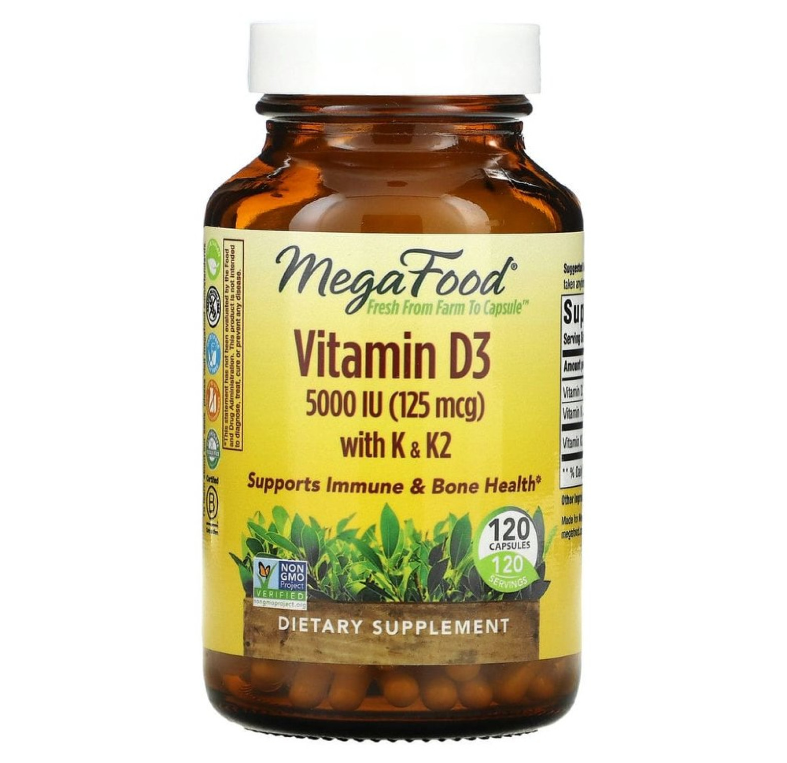 MegaFood, витамин D3 с витаминами K и K2, 5000 МЕ (125 мкг), 120 капсул