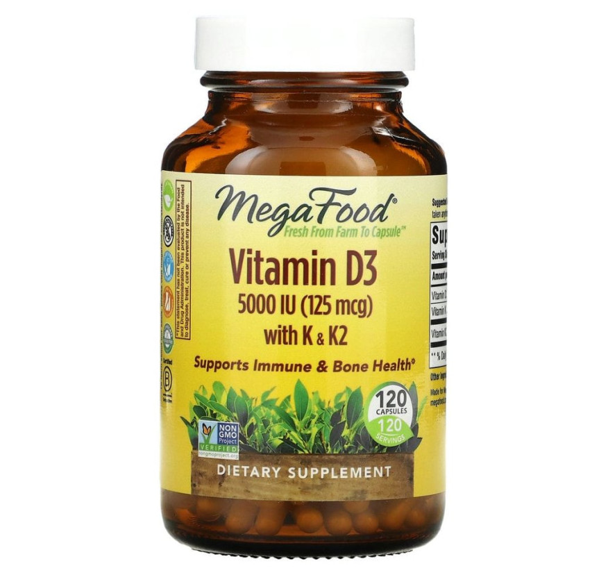 MegaFood, витамин D3 с витаминами K и K2, 5000 МЕ (125 мкг), 120 капсул