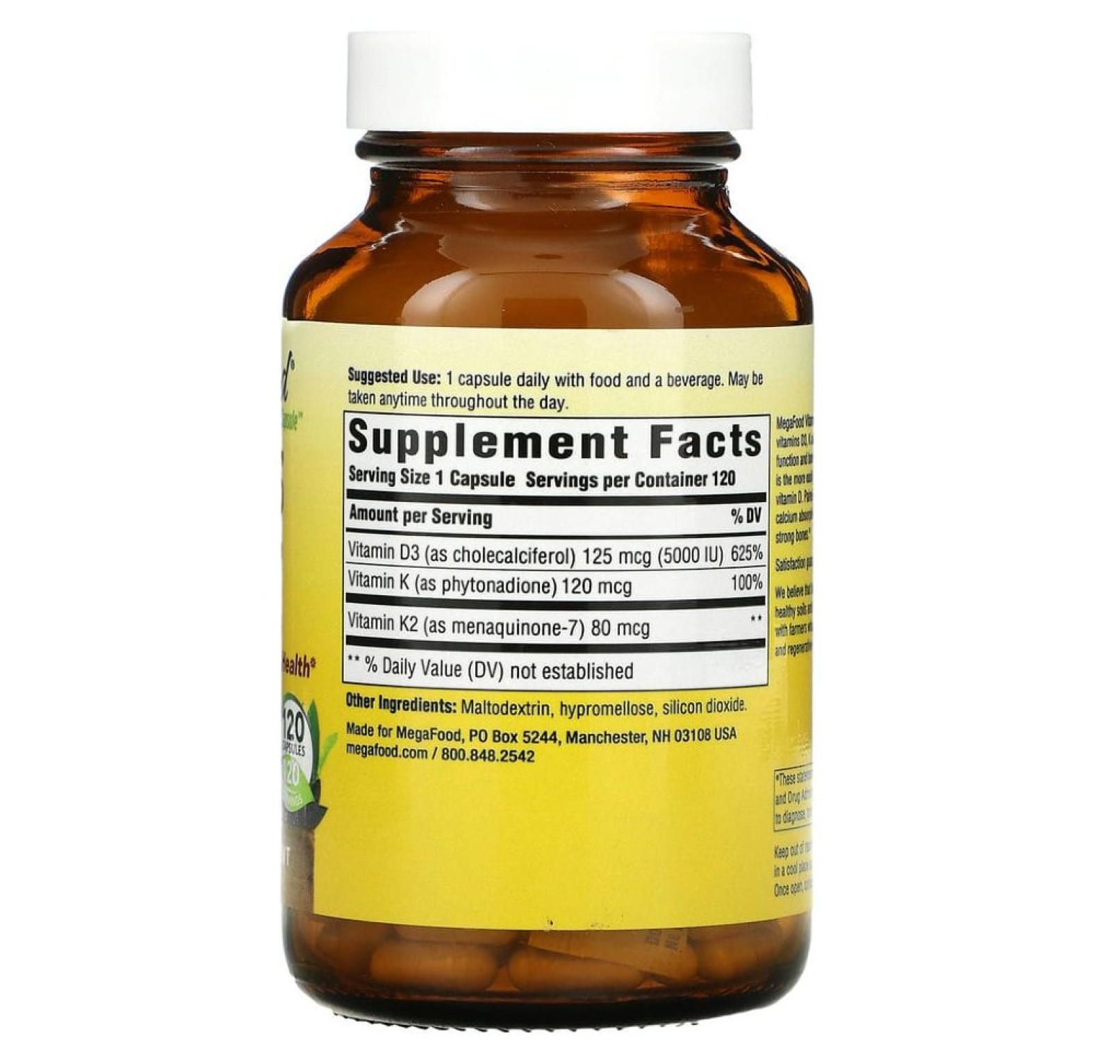 MegaFood, витамин D3 с витаминами K и K2, 5000 МЕ (125 мкг), 120 капсул