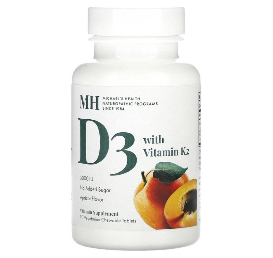Michael's Naturopathic, витамин D3, с витамином K2, вкус абрикоса, 5000 мкг, 90 вегетарианских жевательных таблеток