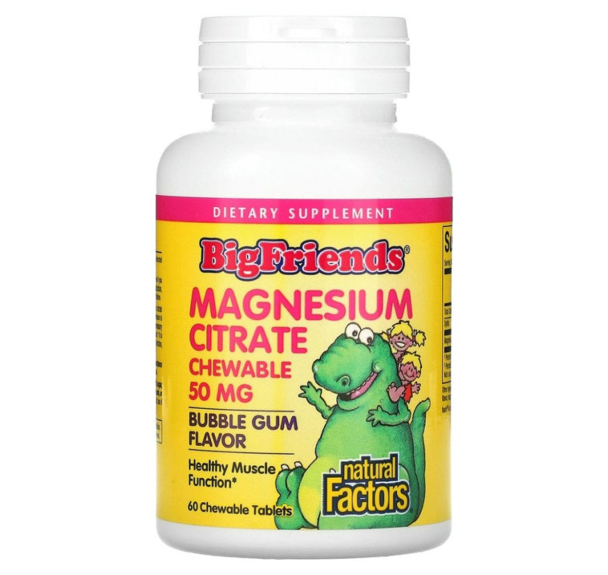 Natural Factors, Big Friends, цитрат магния, со вкусом жевательной резинки, 50 мг, 60 жевательных таблеток