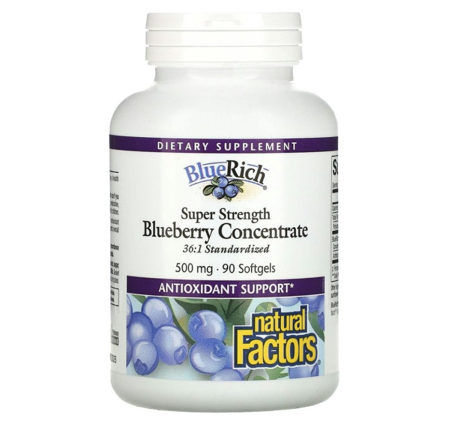 Natural Factors, BlueRich, супер эффективность, концентрат черники, 500 мг, 90 мягких таблеток