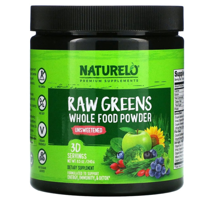 NATURELO, порошок из цельных необработанных продуктов, без подсластителей, 240 г (8,5 унции)