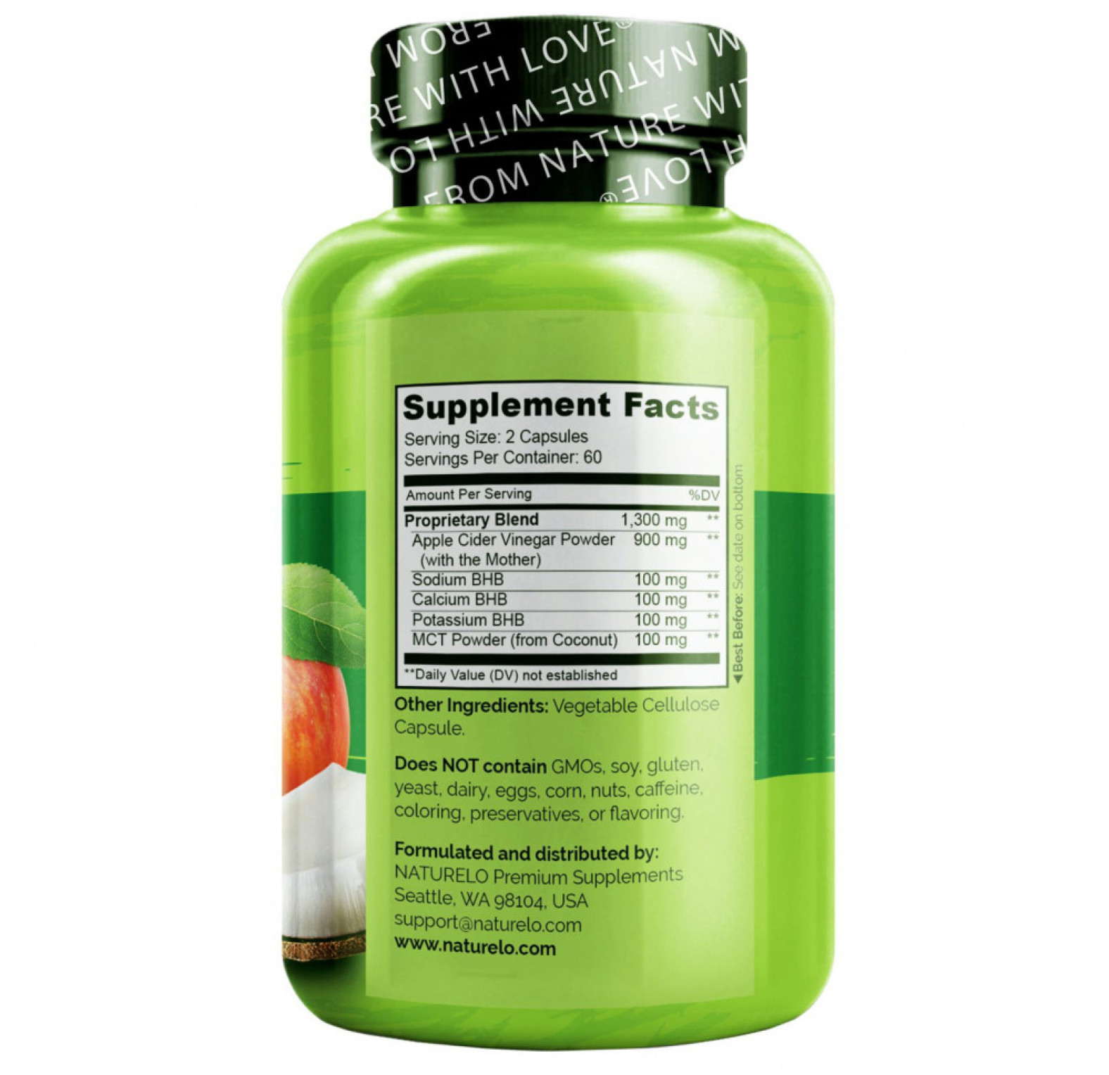 NATURELO, яблочный уксус с кето-солями и маслом MCT, 120 вегетарианских капсул