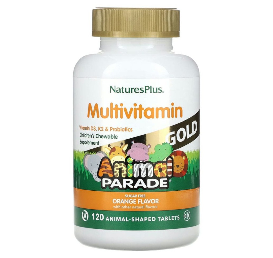 NaturesPlus, Animal Parade Gold, мультивитамины для детей, апельсин, без сахара, 120 таблеток в форме животных