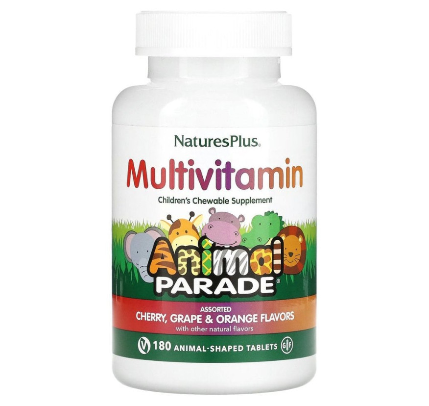 NaturesPlus, Animal Parade, мультивитаминная добавка для детей, вишня, виноград и апельсин, 180 таблеток в форме животных