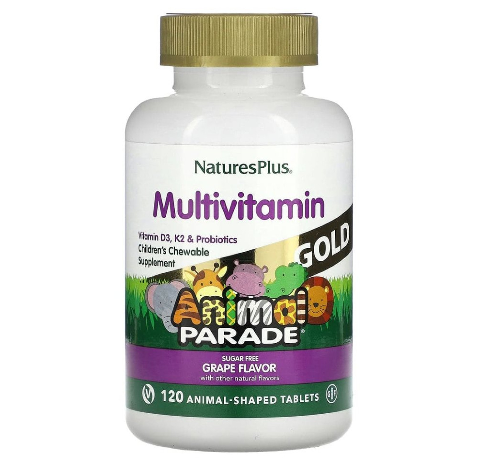 NaturesPlus, Source of Life, Animal Parade Gold, жевательная добавка для детей с мультивитаминами и минералами, натуральный ароматизатор со вкусом винограда, 120 таблеток в форме животных